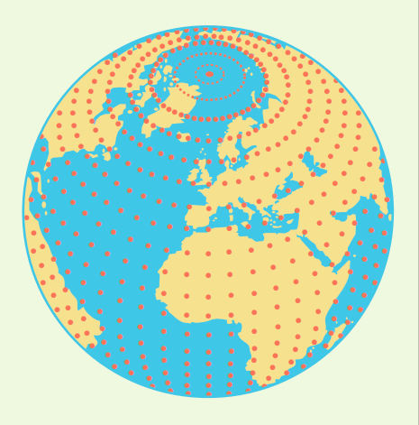 Voorbeeld van de verdeling van roosterpunten op de aardbol